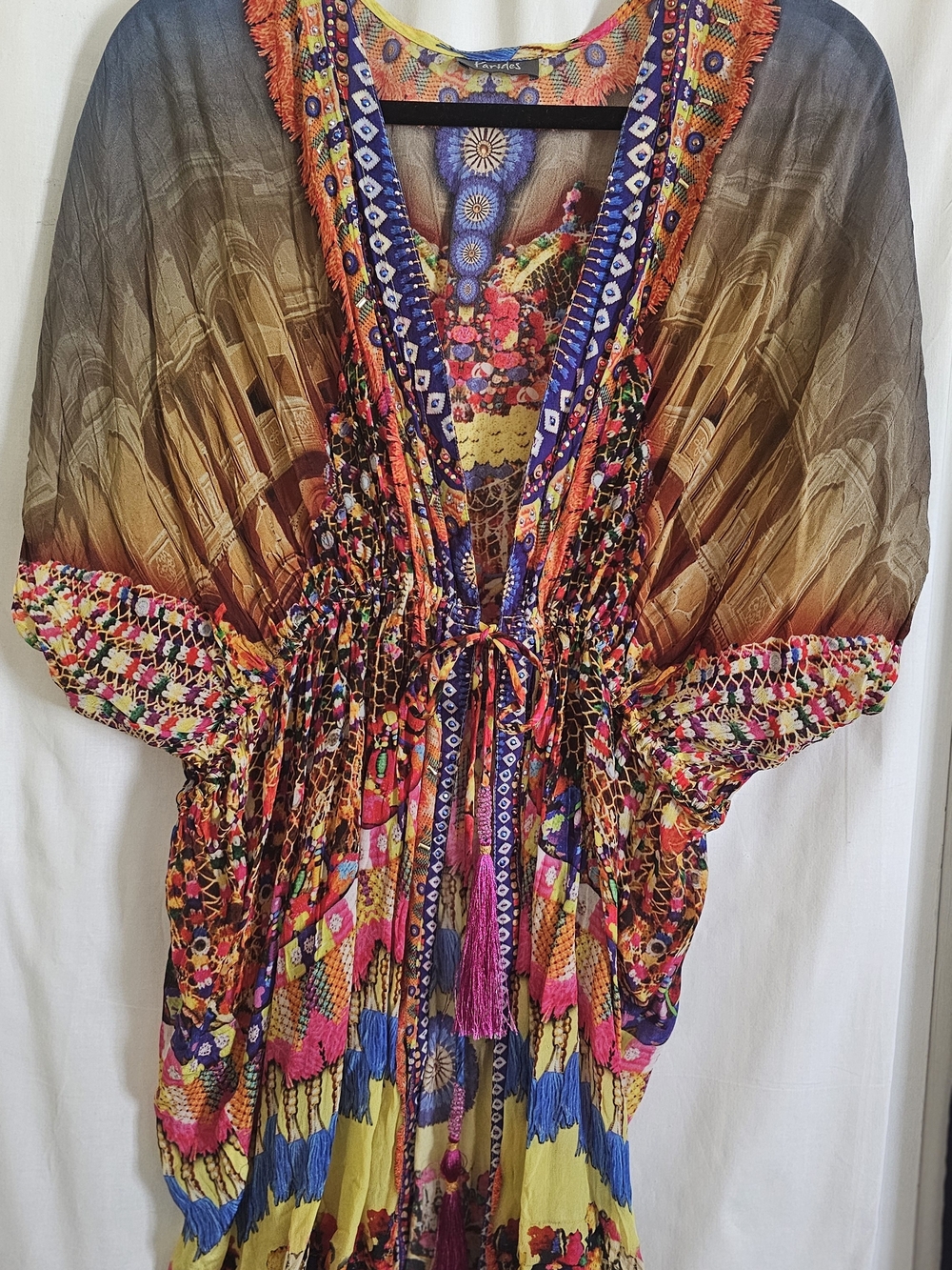 Parides Multicolor Viscose Crepe Silk Swimsuit Cover Up - Pink & Blue Accents